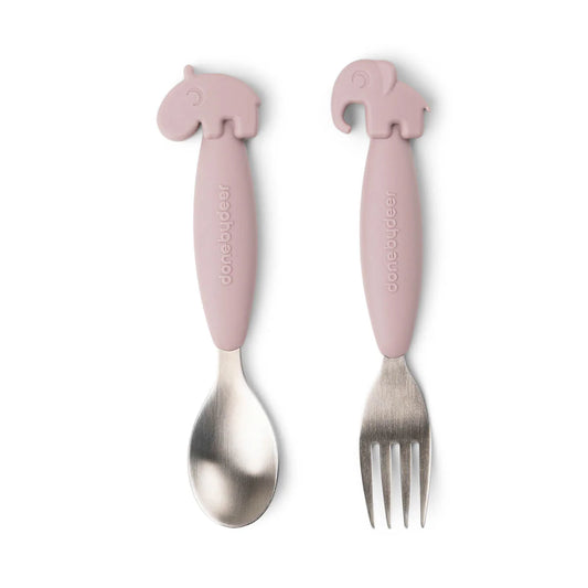 Done by Deer - Easy-grip spoon and fork set Deer friends Powder